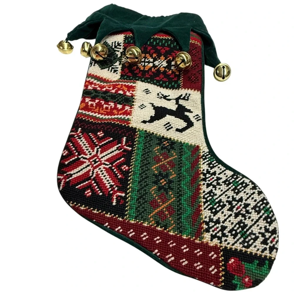 Vintage Patchwork Christmas Stocking‎ Reindeer Snowflake Bells Green Velvet Top